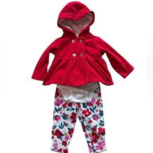 Baby Girl 3-Piece Outfit Red Peacoat, Onesie & Floral Pants Size 9 months